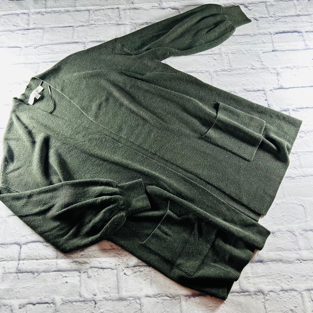 Loft Womens Olive Green Ribbed Open Front Cardigan Balloon Sleeve Sweater Large